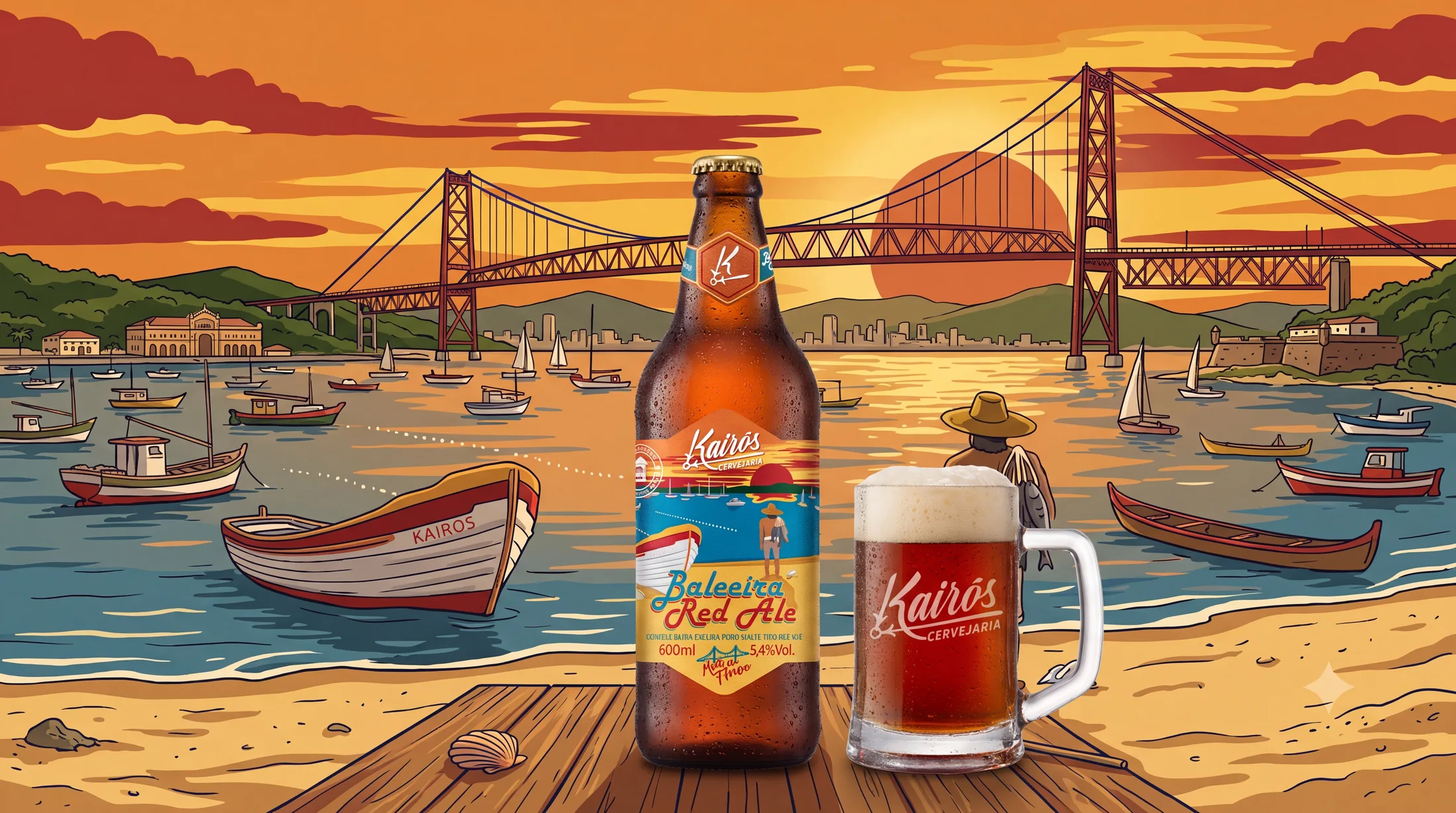 Baleeira Red Ale servida na caneca, ao pôr do sol na baía