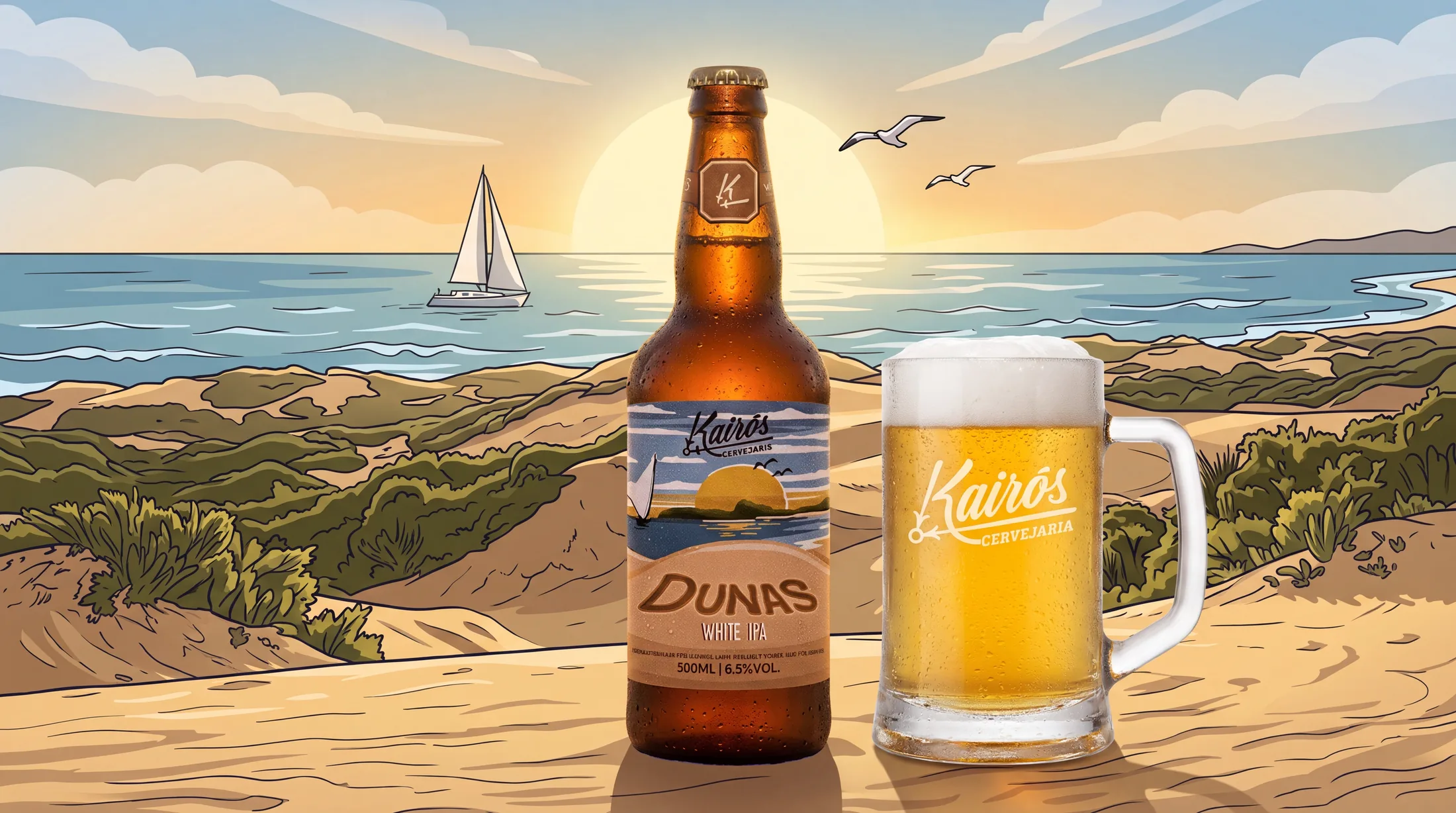 Dunas White IPA servida na caneca, entre as dunas ao pôr do sol